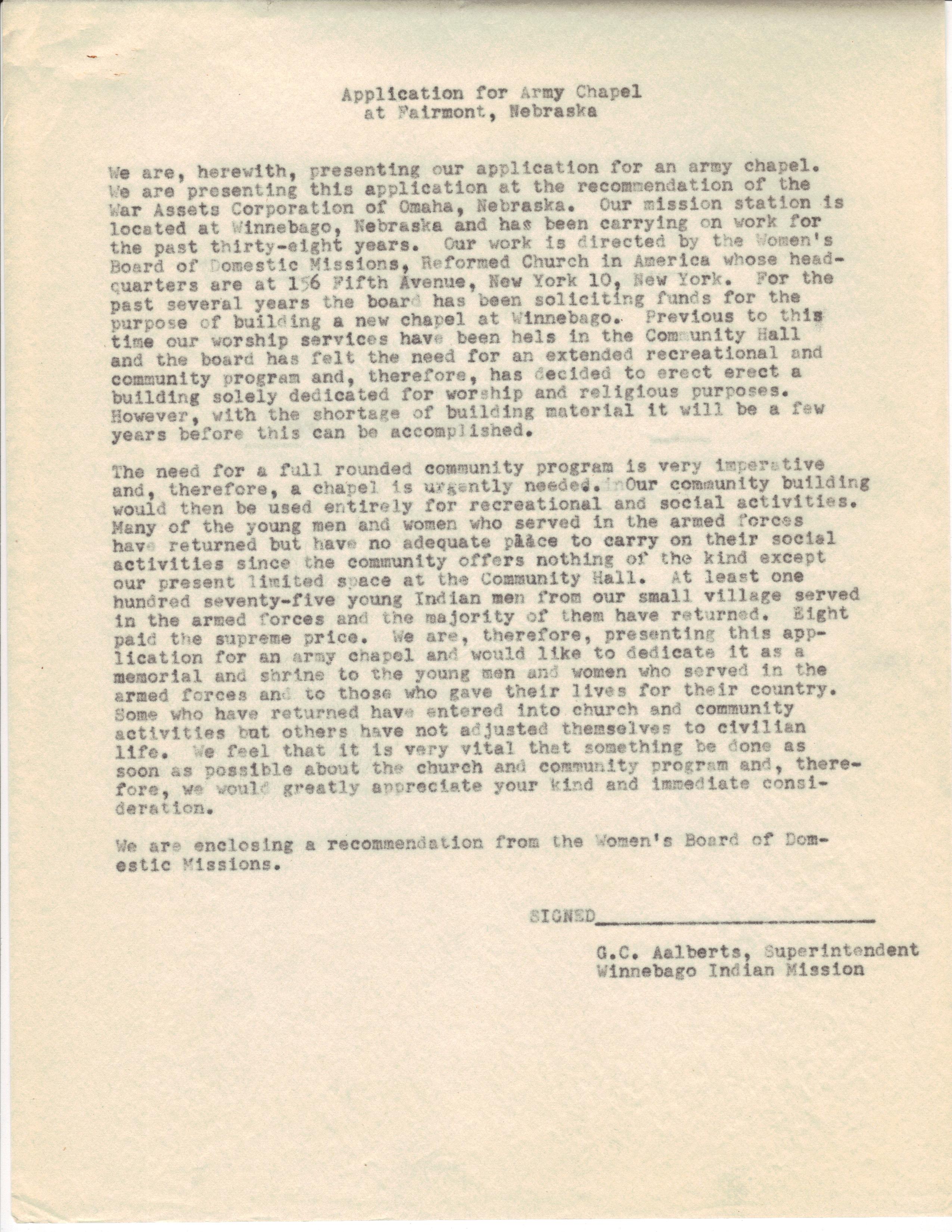 Application for Fairmont, Nebraska, chapel